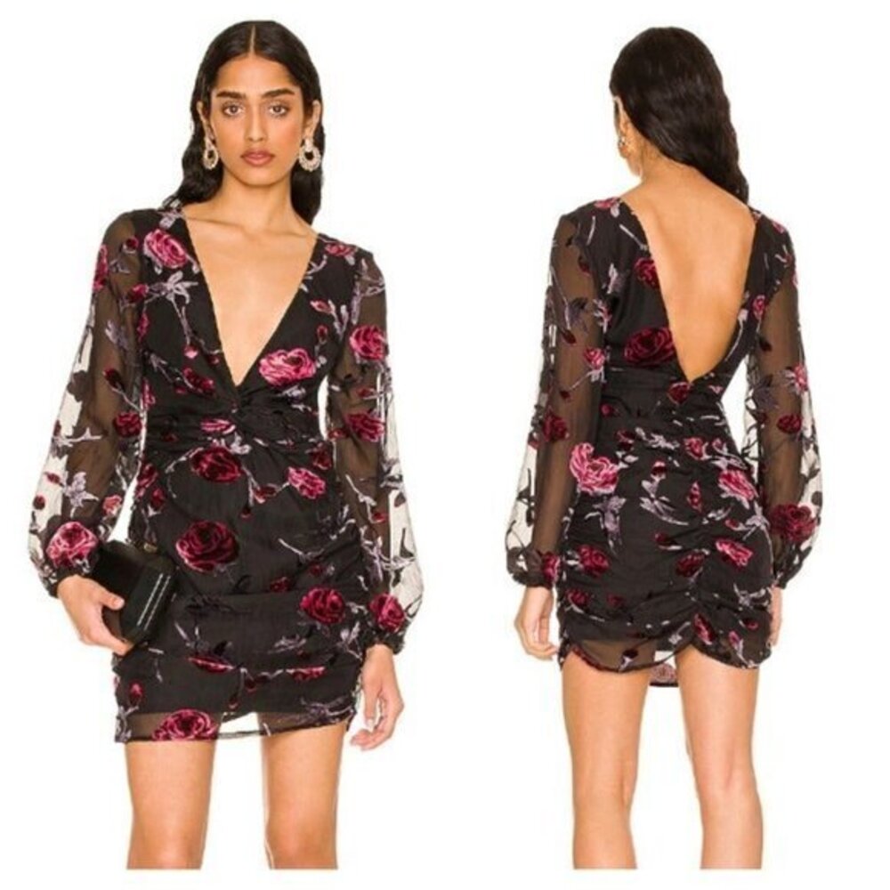 MAJORELLE Ava Deep V Dress - Black Floral